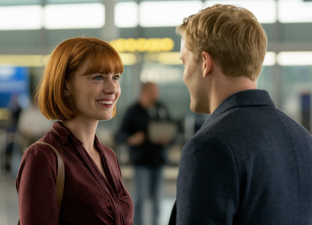 Une femme et un homme qui se rencontrent dans un terminal d'aéroport | Source : Midjourney