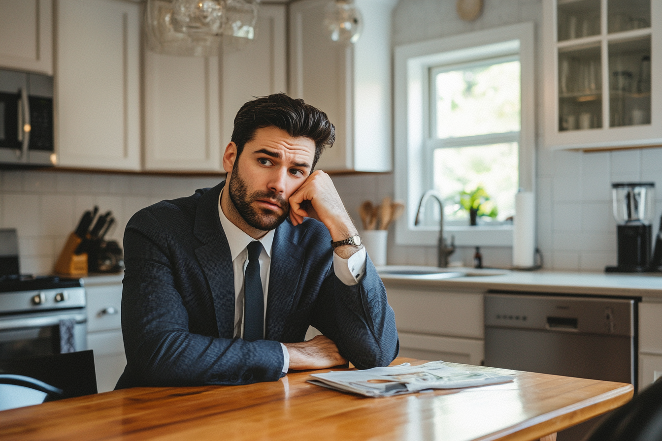 Un homme confus assis à une table de cuisine | Source : Midjourney