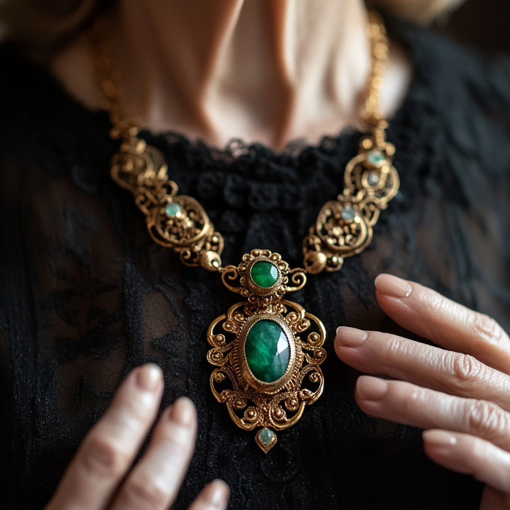 Une femme touche un collier qu'elle porte | Source : Midjourney