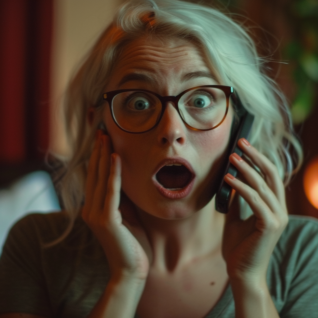 Une femme choquée lors d'un appel téléphonique | Source : Midjourney