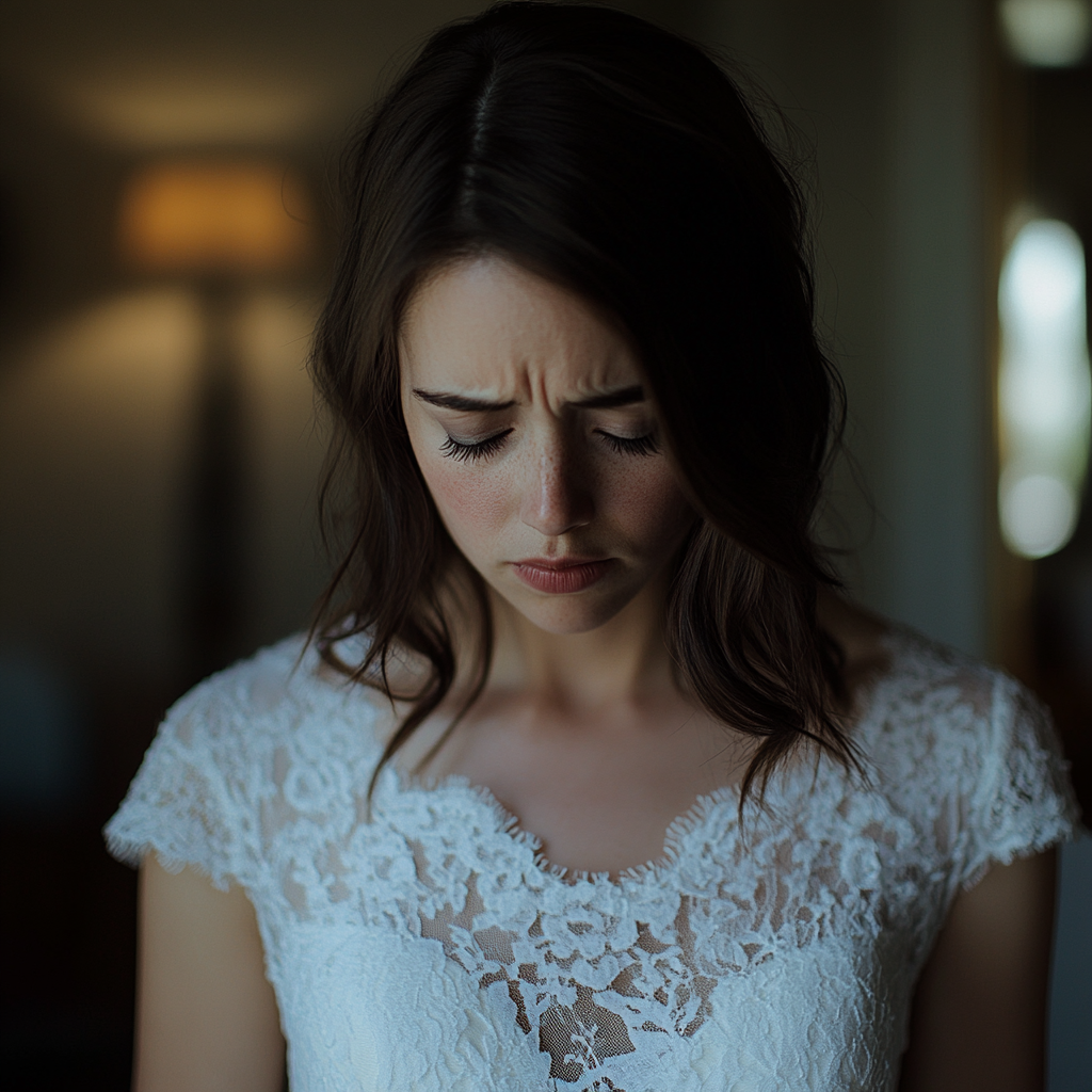 Une mariée bouleversée debout dans une suite nuptiale | Source : Midjourney