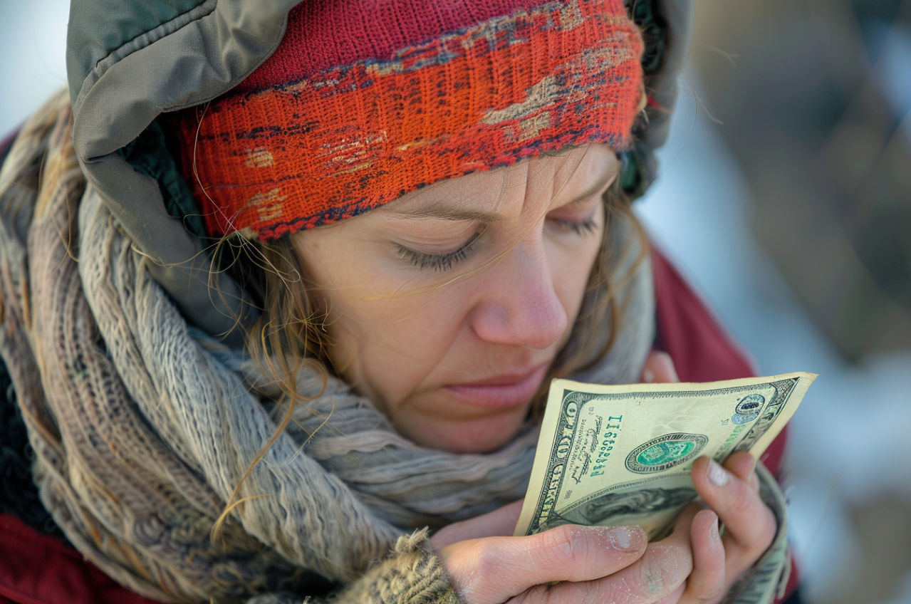 Une femme sans-abri qui regarde fixement son billet de cent dollars | Source : MidJourney