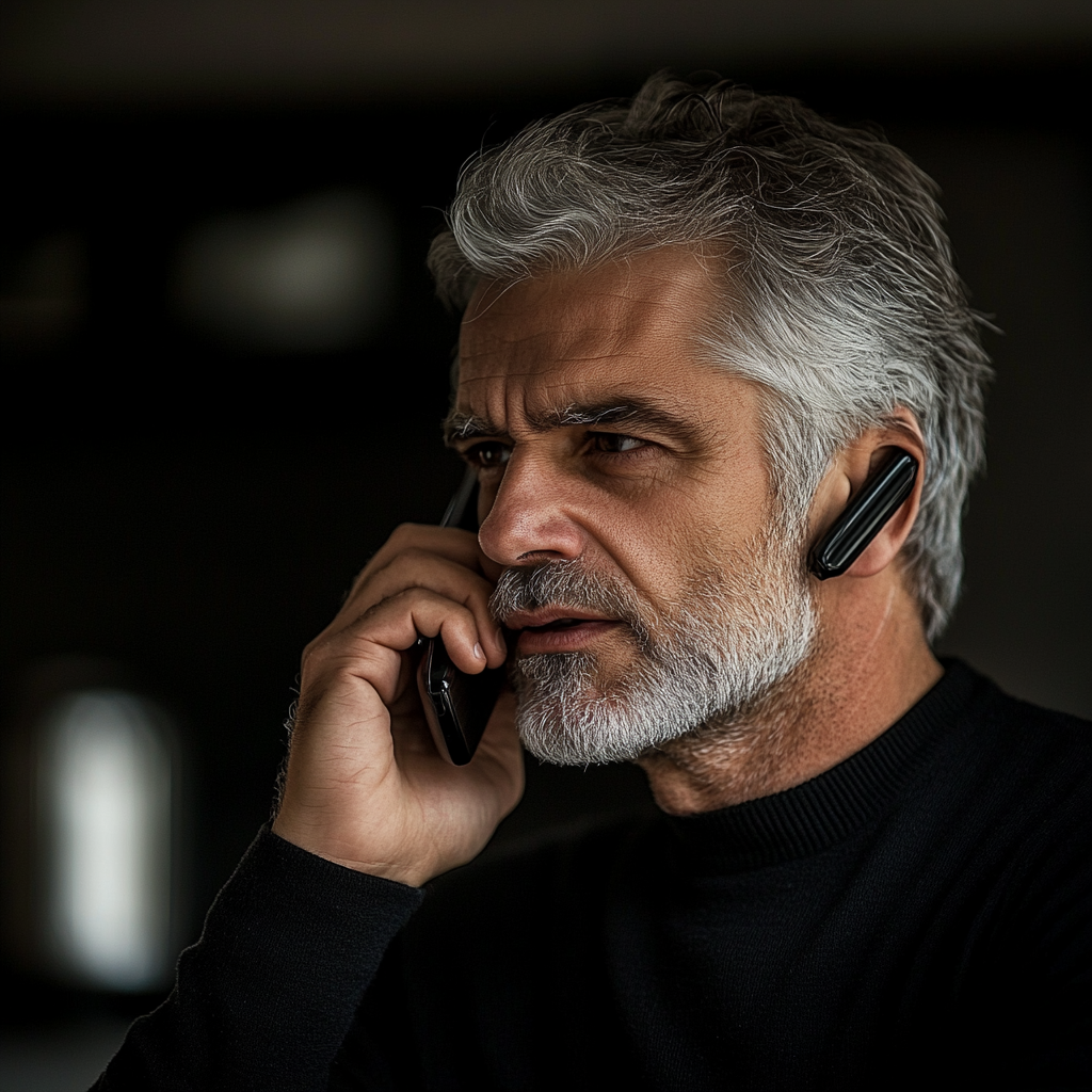 Un homme sérieux qui parle au téléphone | Source : Midjourney