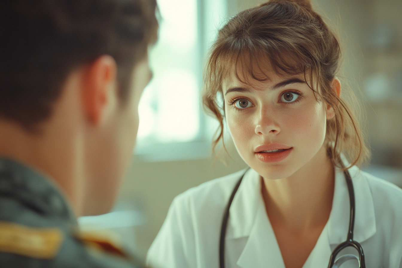 Femme médecin parlant à un officier militaire | Source : Midjourney