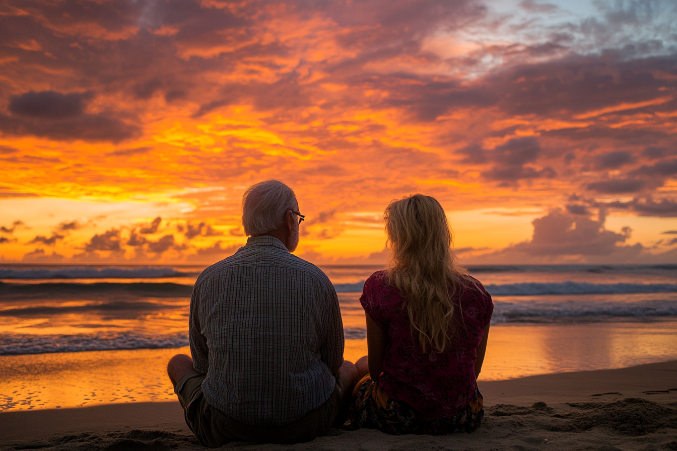 Une femme et son grand-père sur la plage au coucher du soleil | Source : Midjourney