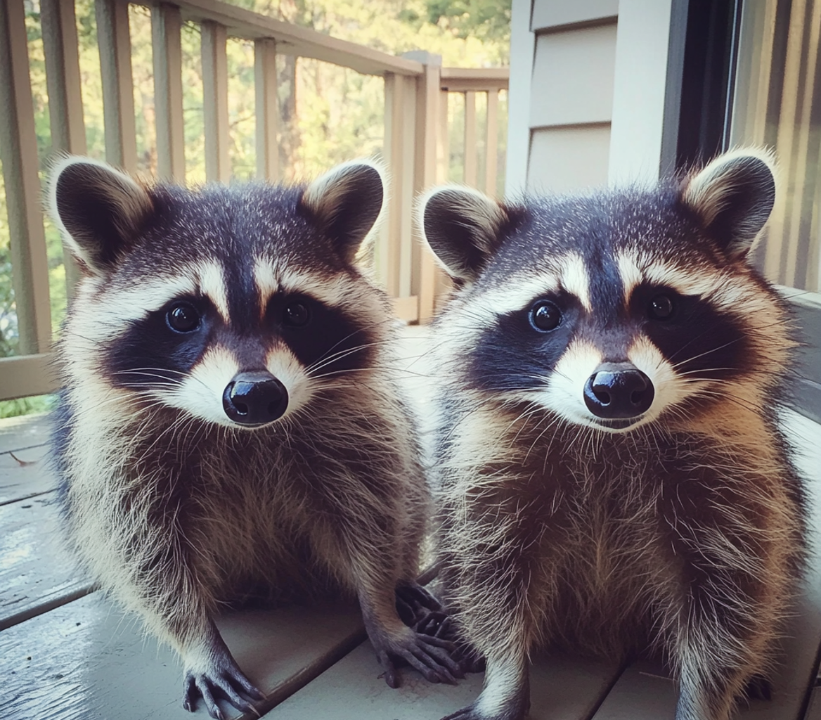 Deux ratons laveurs assis à l'extérieur | Source : Midjourney