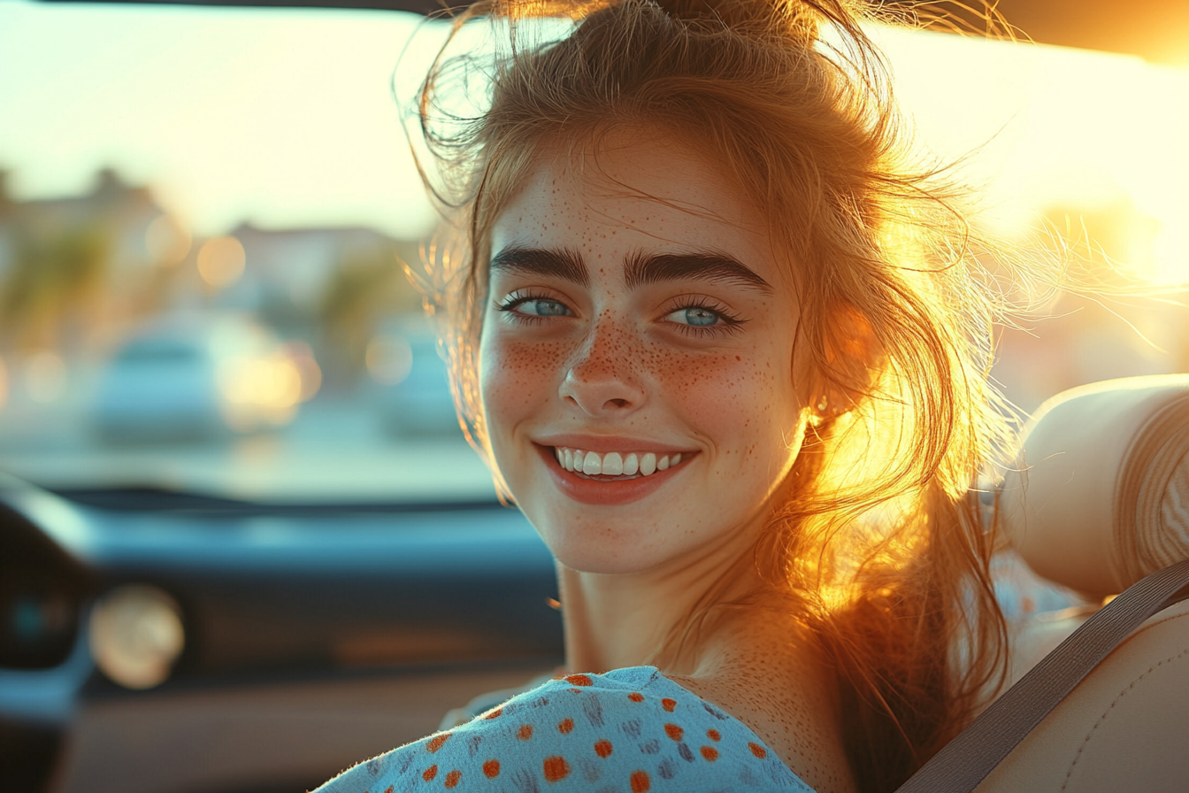 Une jeune femme dans une voiture, souriante | Source : Midjourney