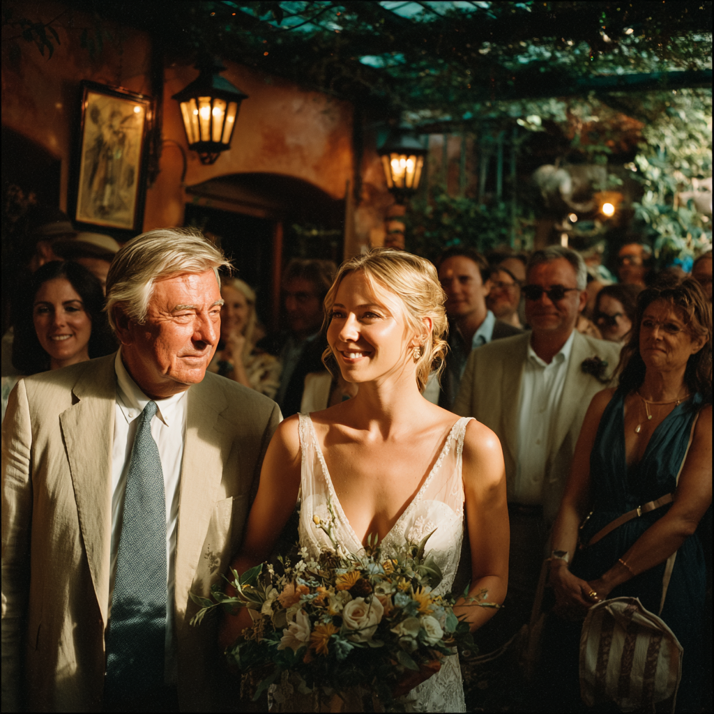 Une mariée heureuse descendant l'allée avec son père | Source : Midjourney
