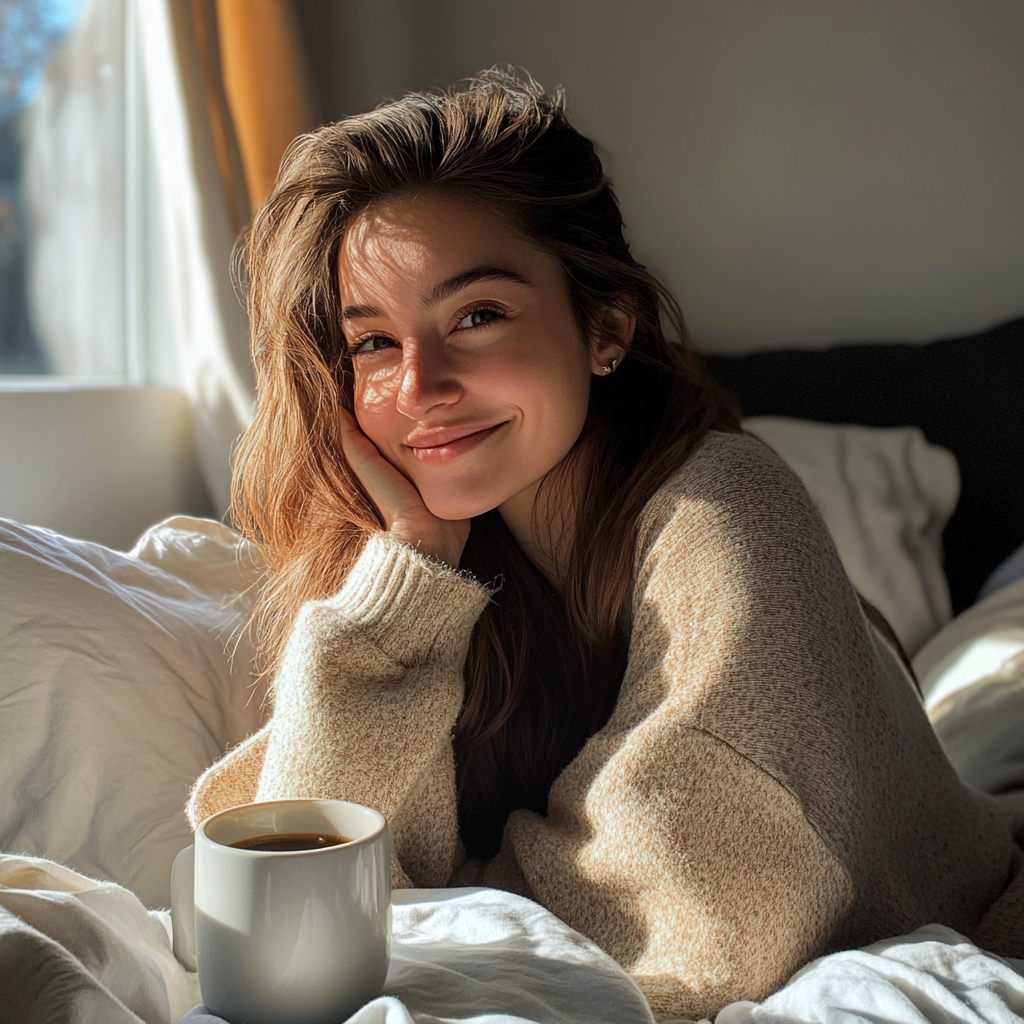 Woman having coffee sitting on her bed | Source: Midjourney