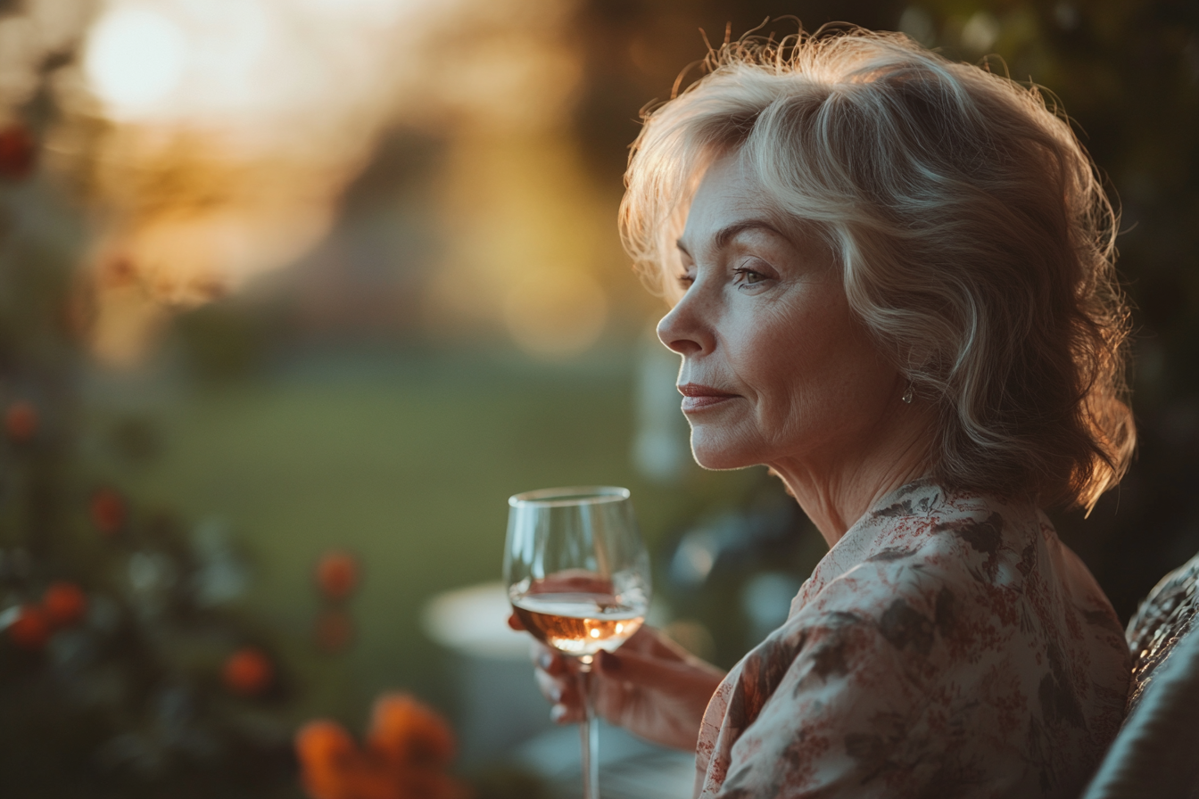 Vieille femme en proie à de profondes pensées et tenant un verre de vin | Source : Midjourney