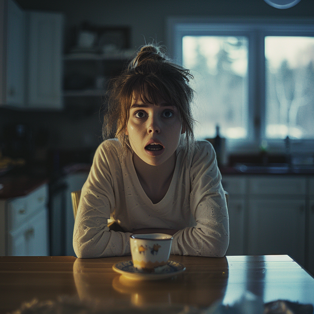 Une femme stupéfaite assise à la table de la cuisine | Source : Midjourney