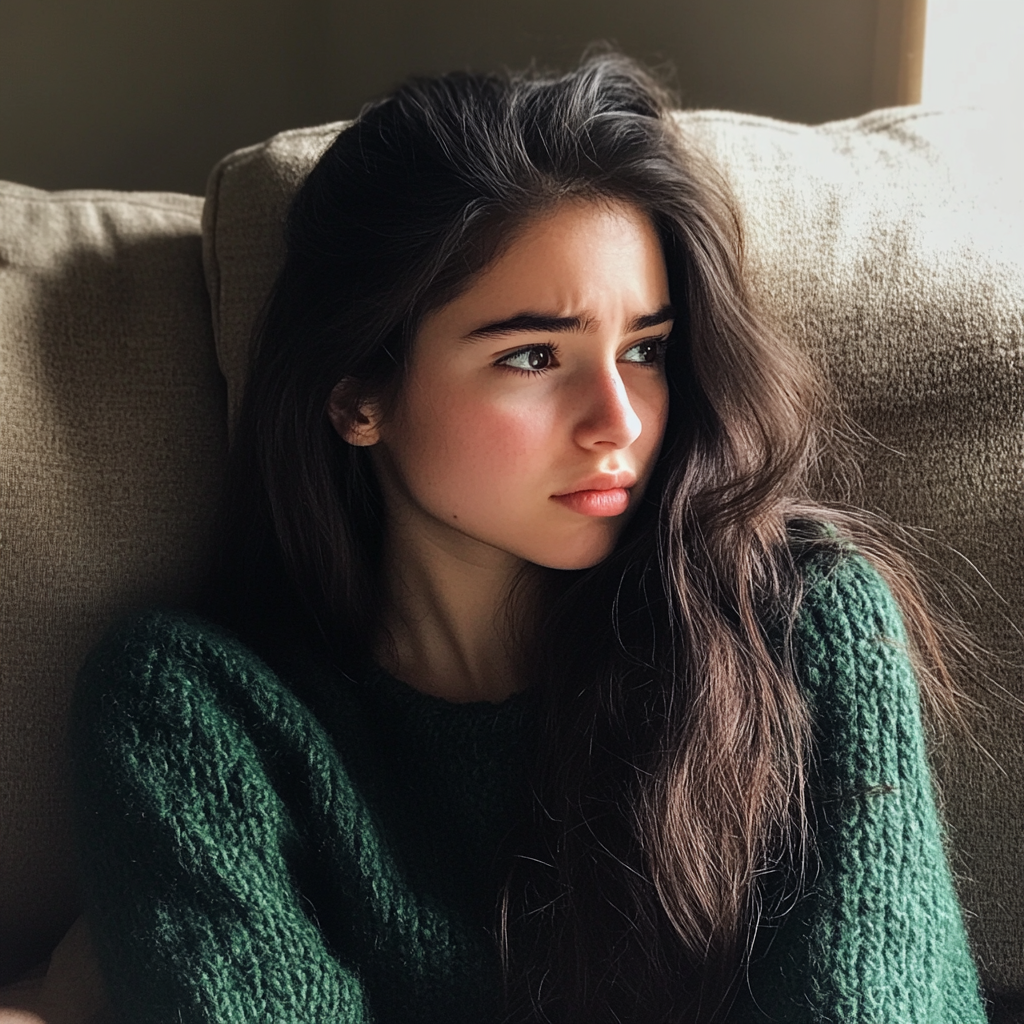 Une adolescente bouleversée assise sur un canapé | Source : Midjourney