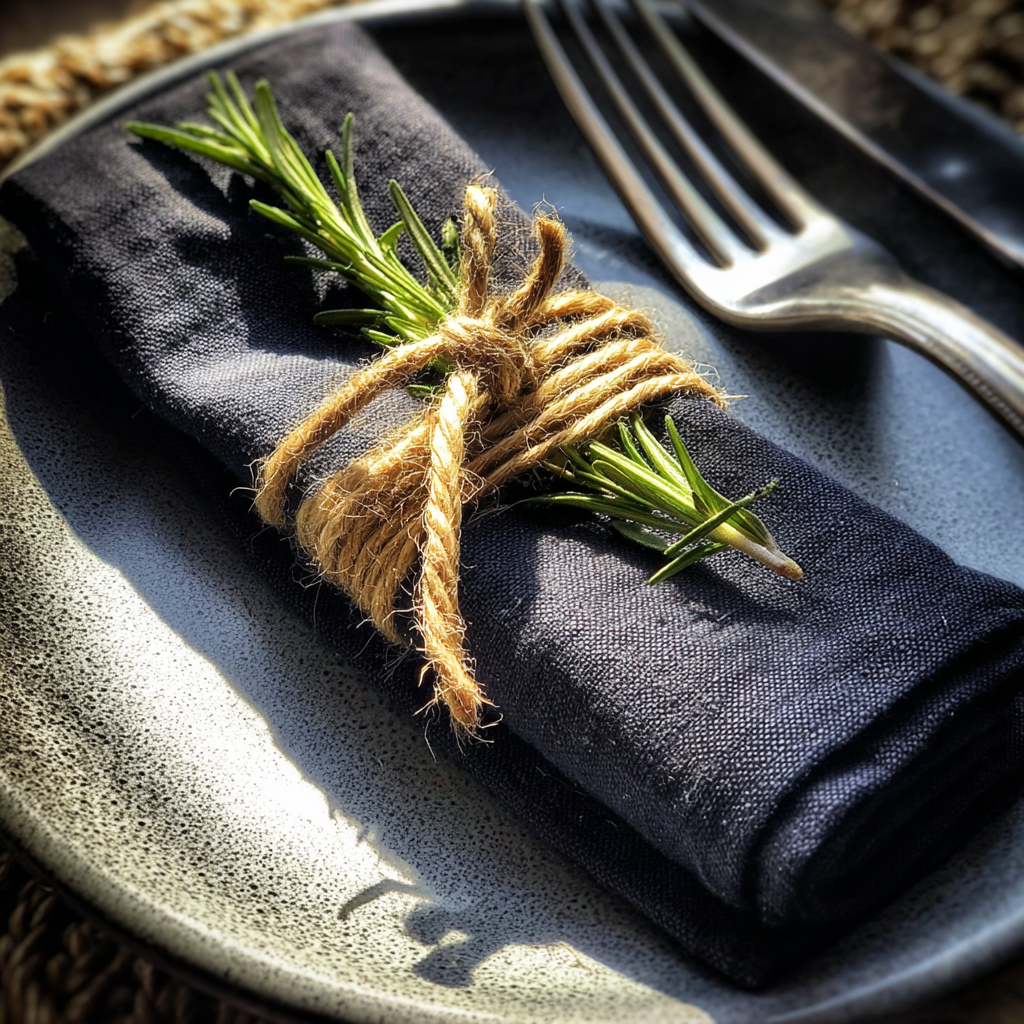 Serviettes de table pliées avec des brins de romarin | Source : Midjourney