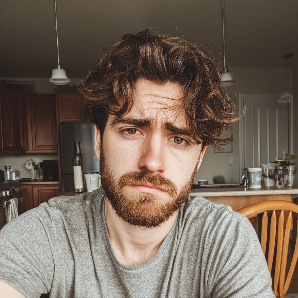 Un homme qui fronce les sourcils, assis à une table de cuisine | Source : Midjourney