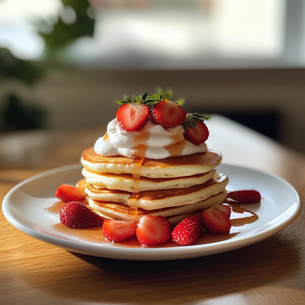 Une pile de crêpes à la fraise | Source : Midjourney