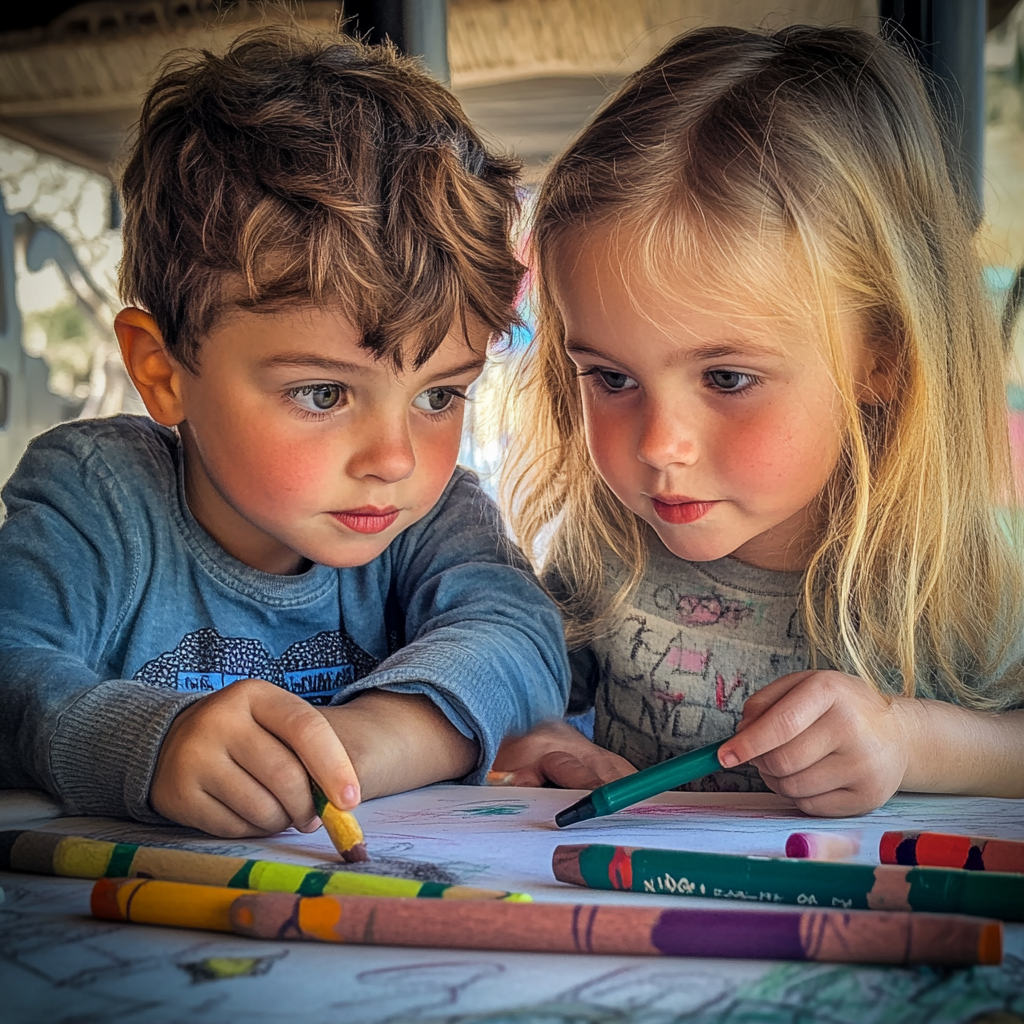 Enfants jouant avec des crayons de couleur | Source : Midjourney