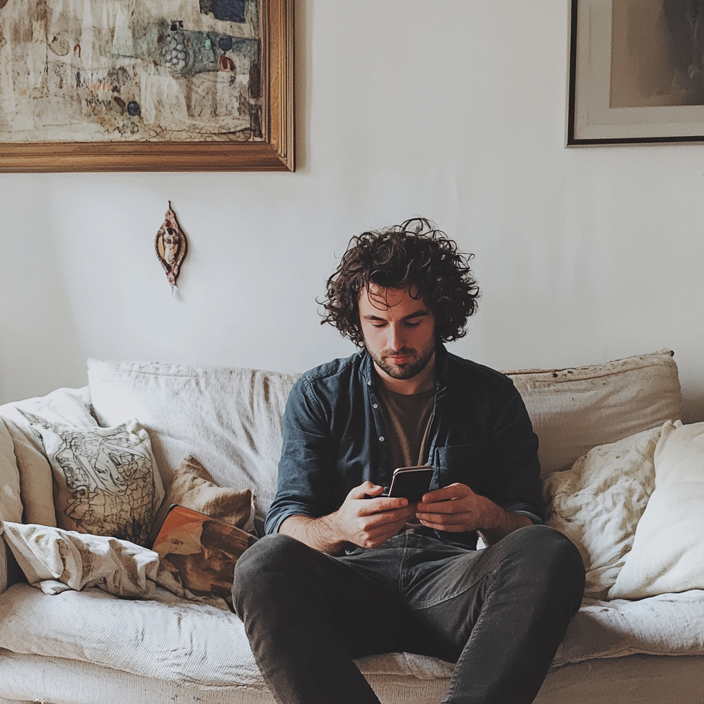 Un homme assis sur un canapé et utilisant son téléphone | Source : Midjourney