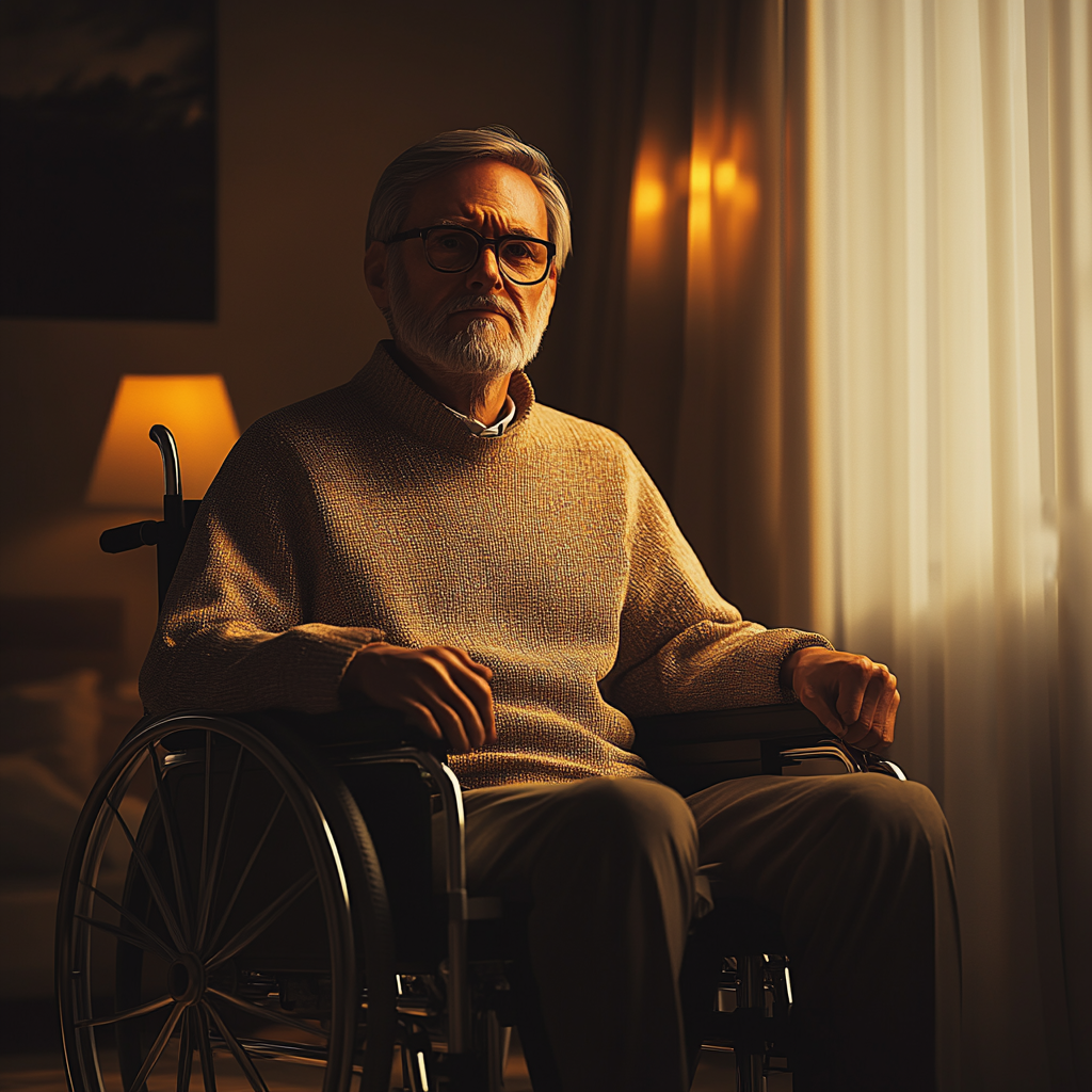 Un homme âgé en fauteuil roulant | Source : Midjourney