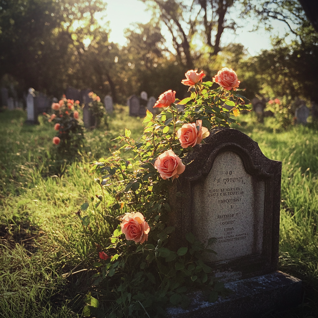 Roses poussant sur une pierre tombale | Source : Midjourney