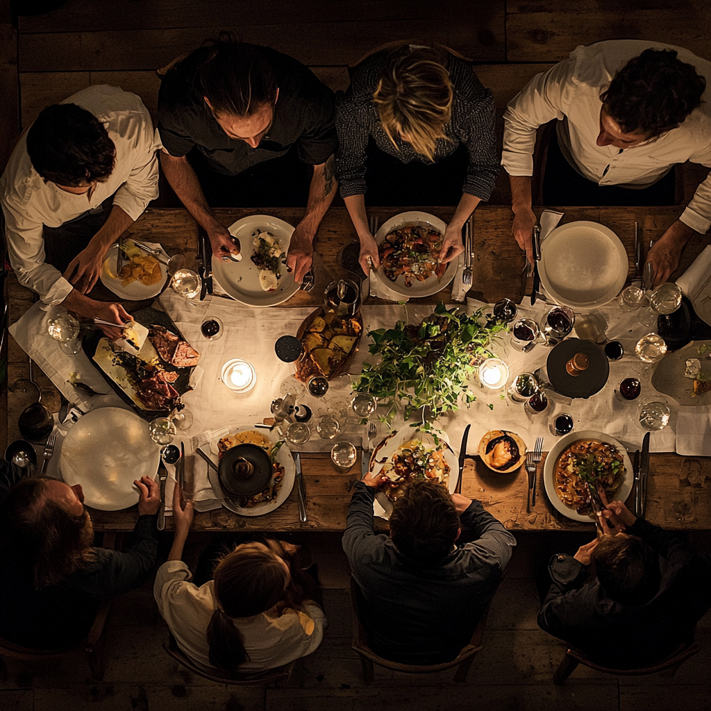 Une vue aérienne de personnes lors d'un dîner | Source : Midjourney