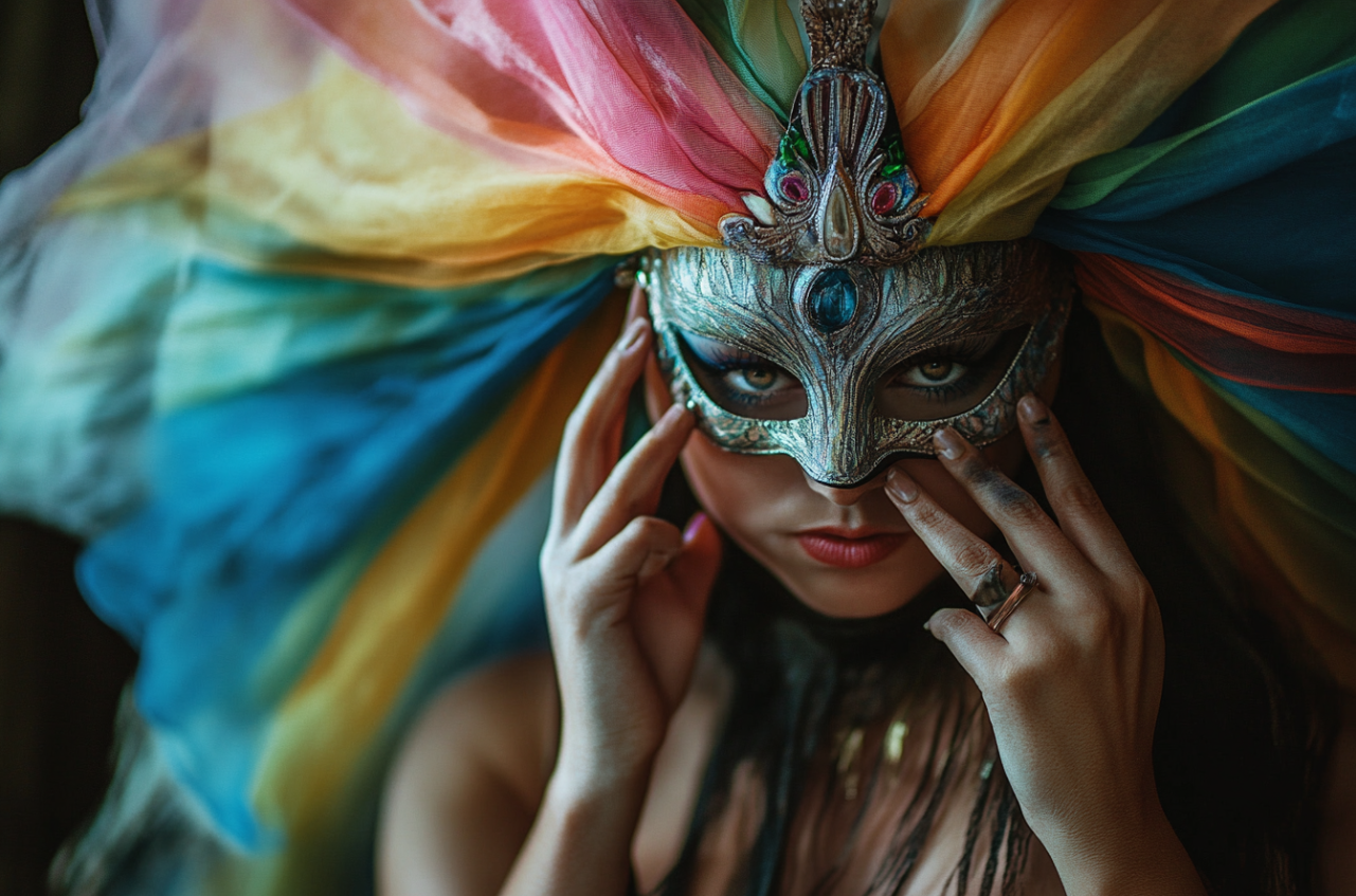 Une femme qui met un masque | Source : Midjourney