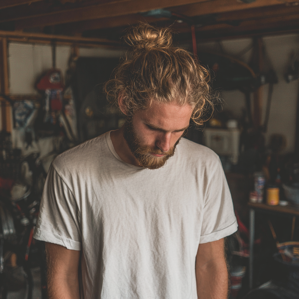 Un homme bouleversé debout dans un garage | Source : Midjourney