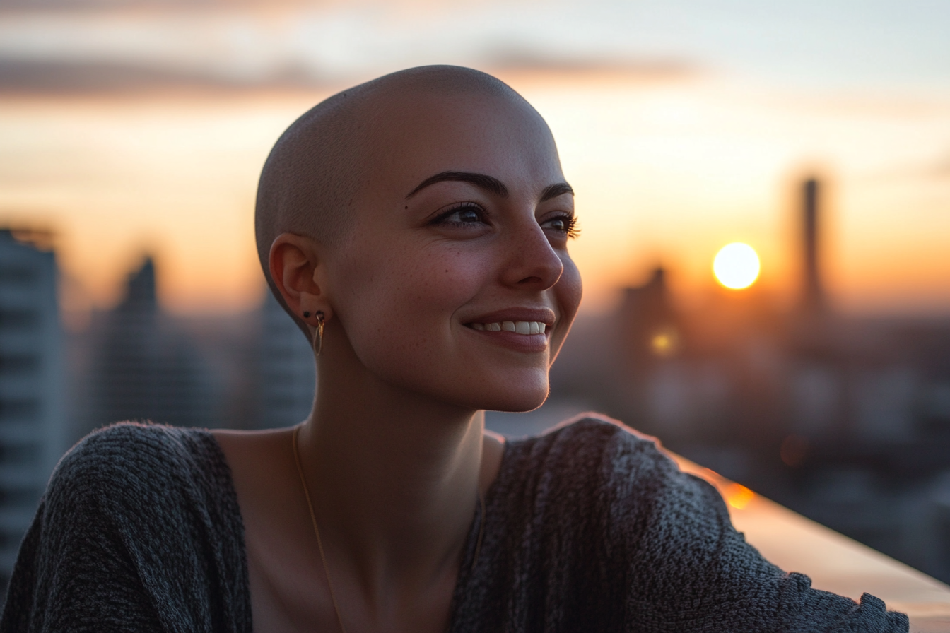 Une femme chauve souriante sur un balcon au coucher du soleil | Source : Midjourney