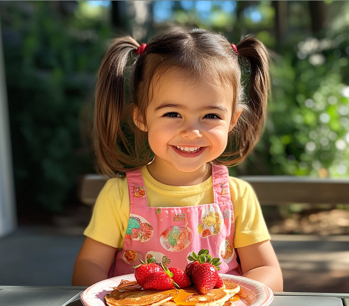 Une petite fille heureuse assise à l'extérieur | Source : Midjourney