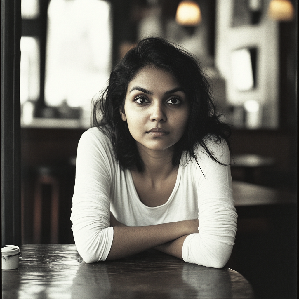 Une femme sérieuse s'appuyant sur une table | Source : Midjourney