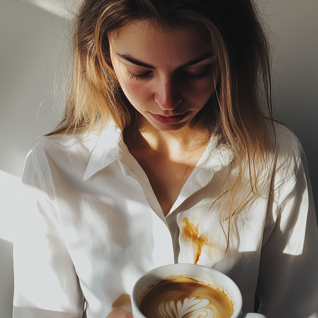 Une femme avec une tache de café sur sa chemise | Source : Midjourney