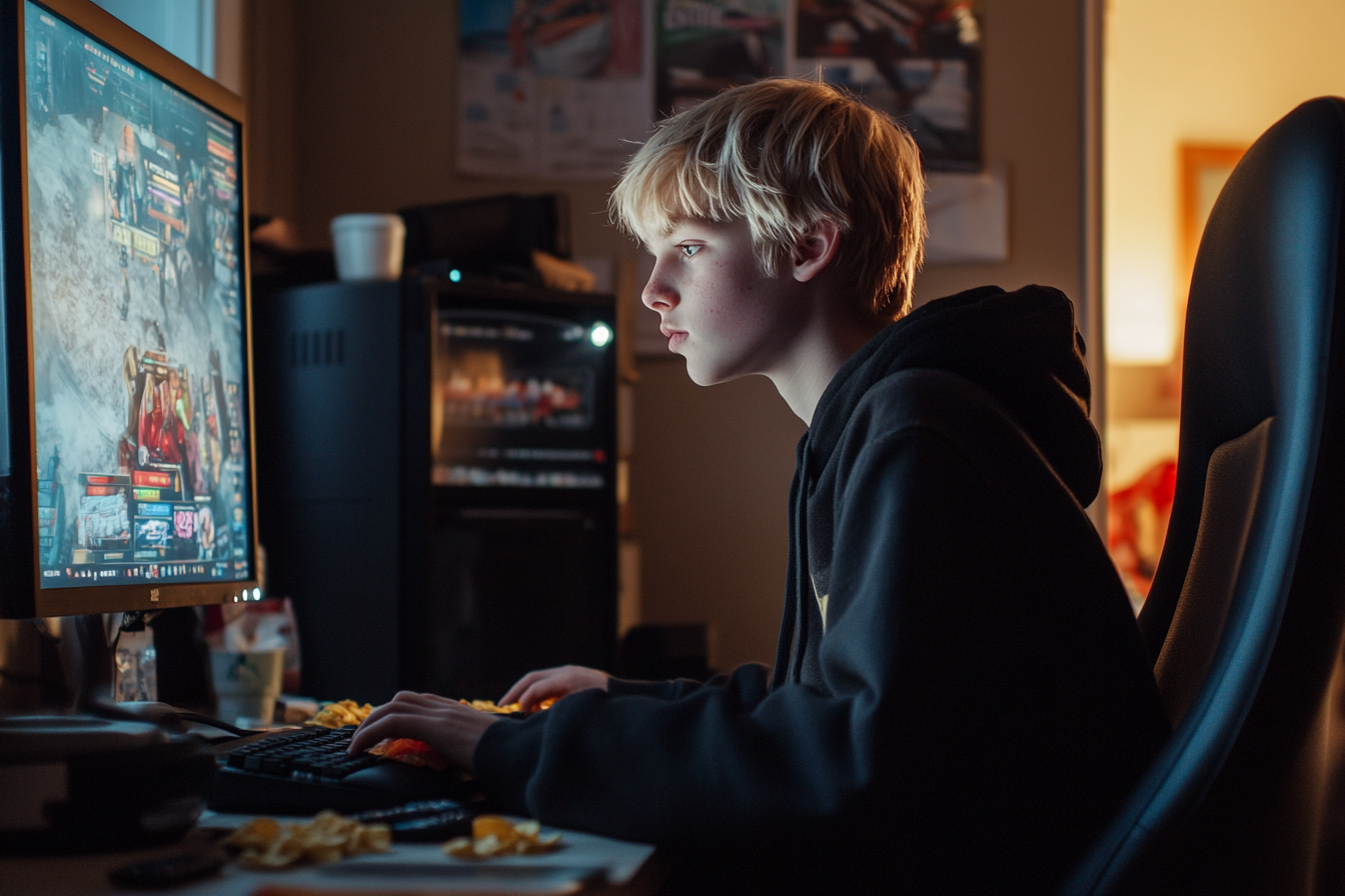 Un adolescent blond qui joue à des jeux informatiques avec des jetons sur son bureau | Source : Midjourney