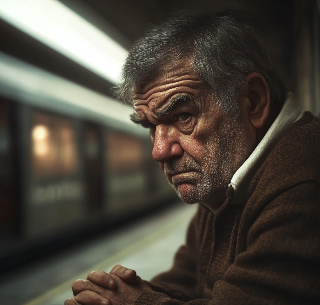 Un homme âgé plein d'espoir qui attend quelqu'un à la gare | Source : Midjourney