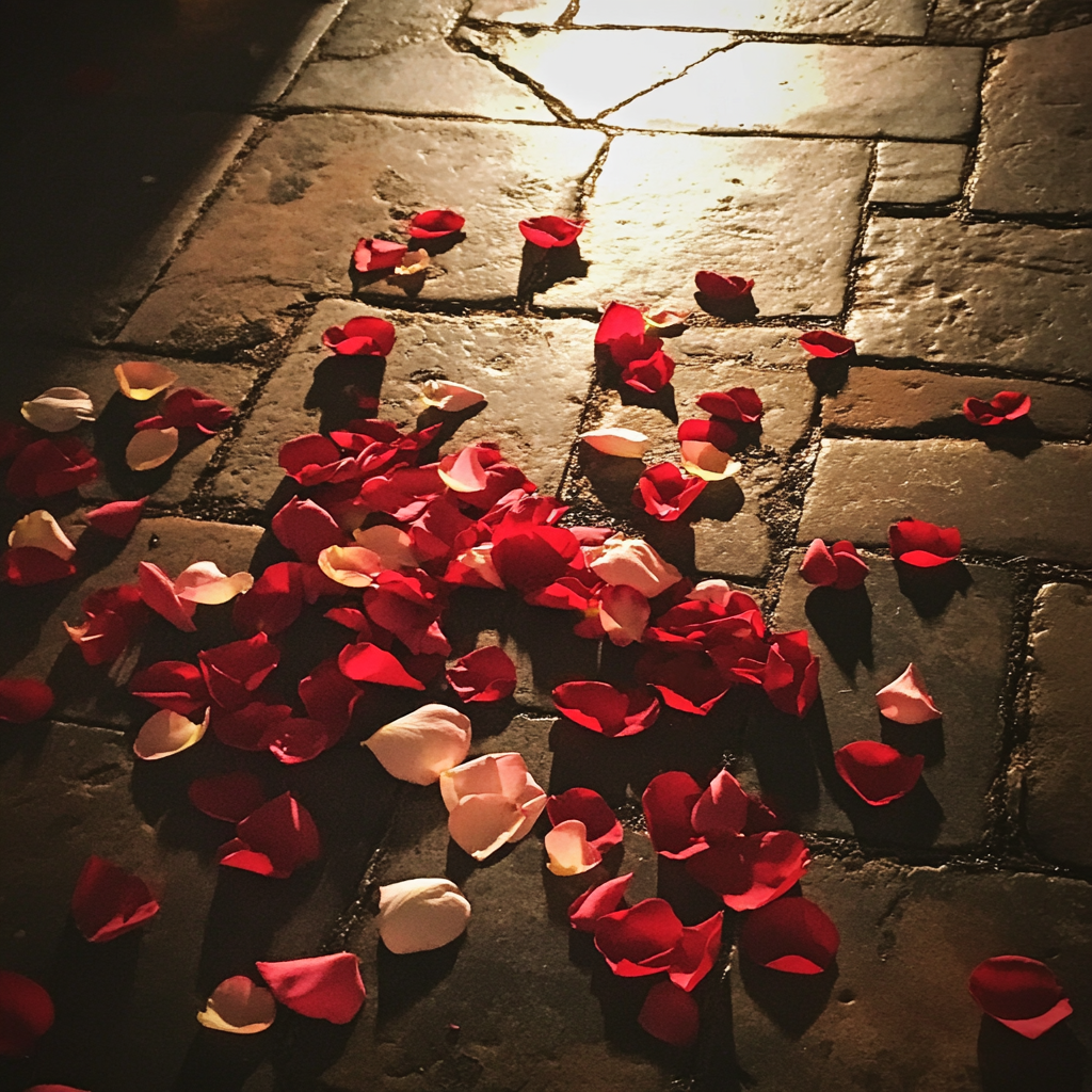 Pétales de roses sur un sol | Source : Midjourney