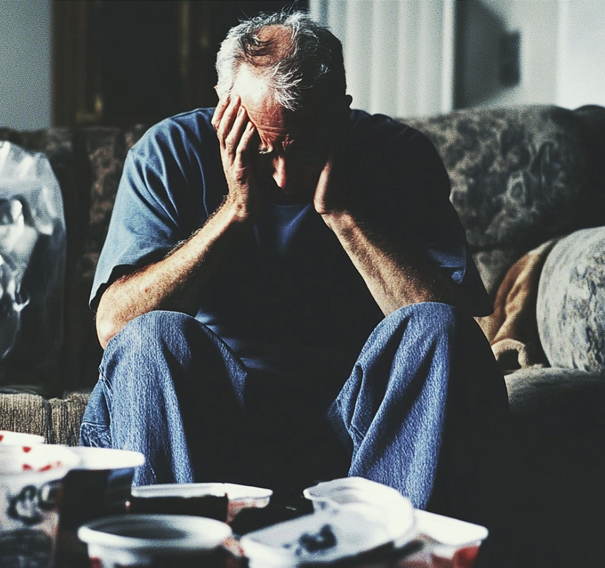 Un homme mûr qui pleure sur un canapé | Source : Midjourney