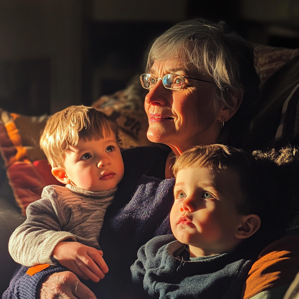 Une femme âgée assise avec ses petits-enfants | Source : Midjourney