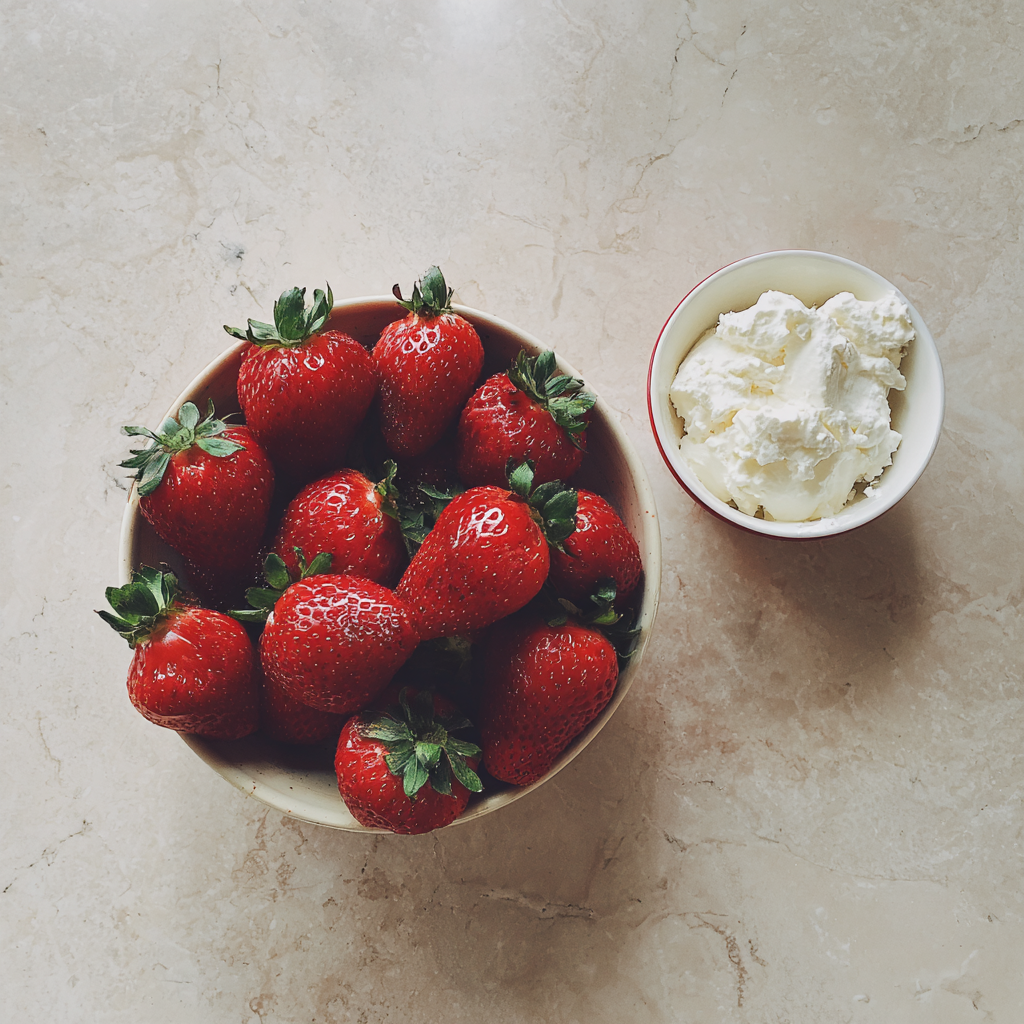 Des bols de fraises et de fromage frais sur un comptoir de cuisine | Source : Midjourney
