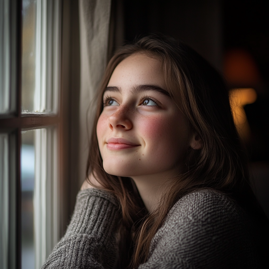 Une adolescente qui regarde par la fenêtre | Source : Midjourney