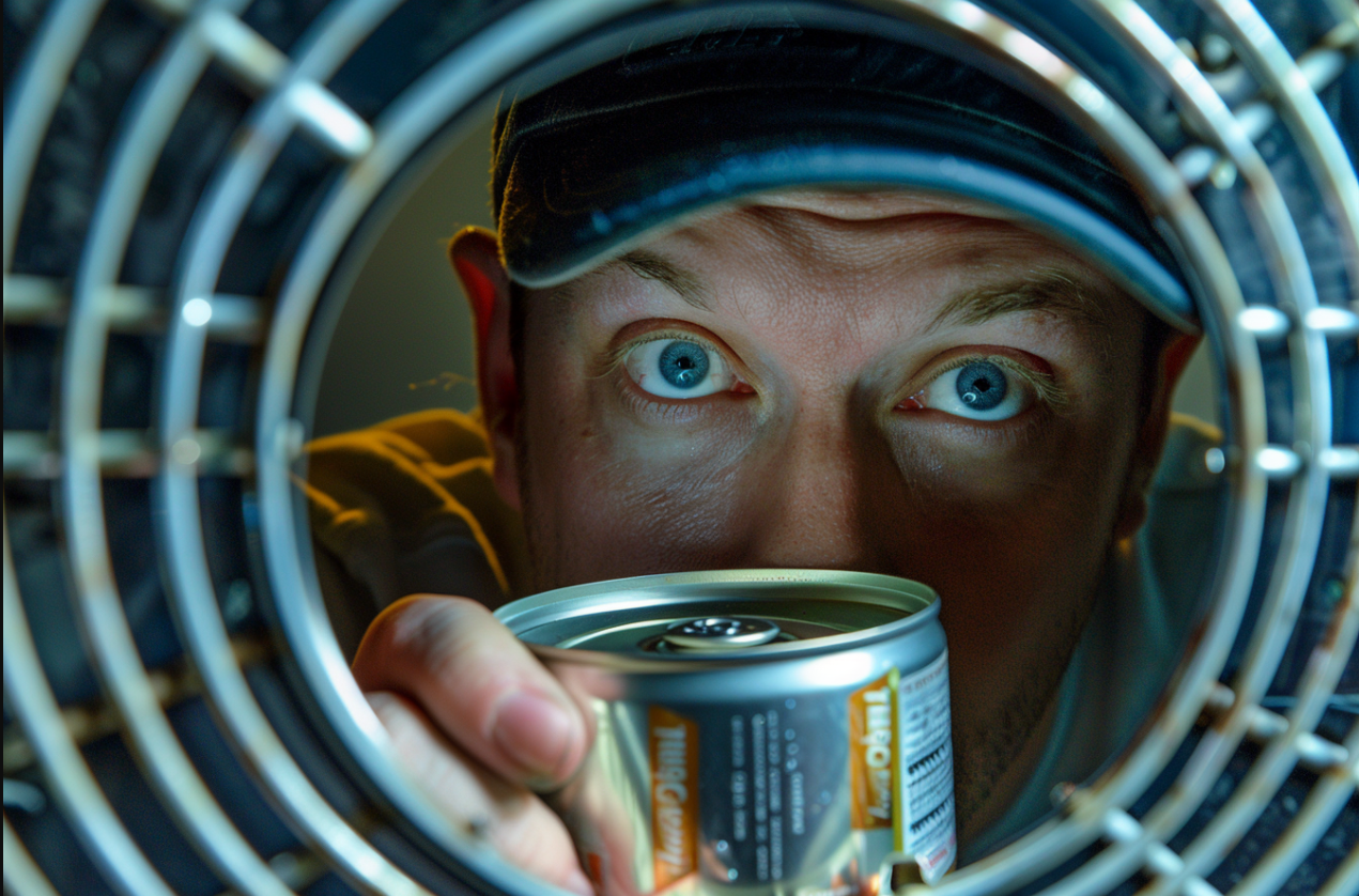 Un homme qui cache du thon dans une bouche d'aération | Source : MidJourney