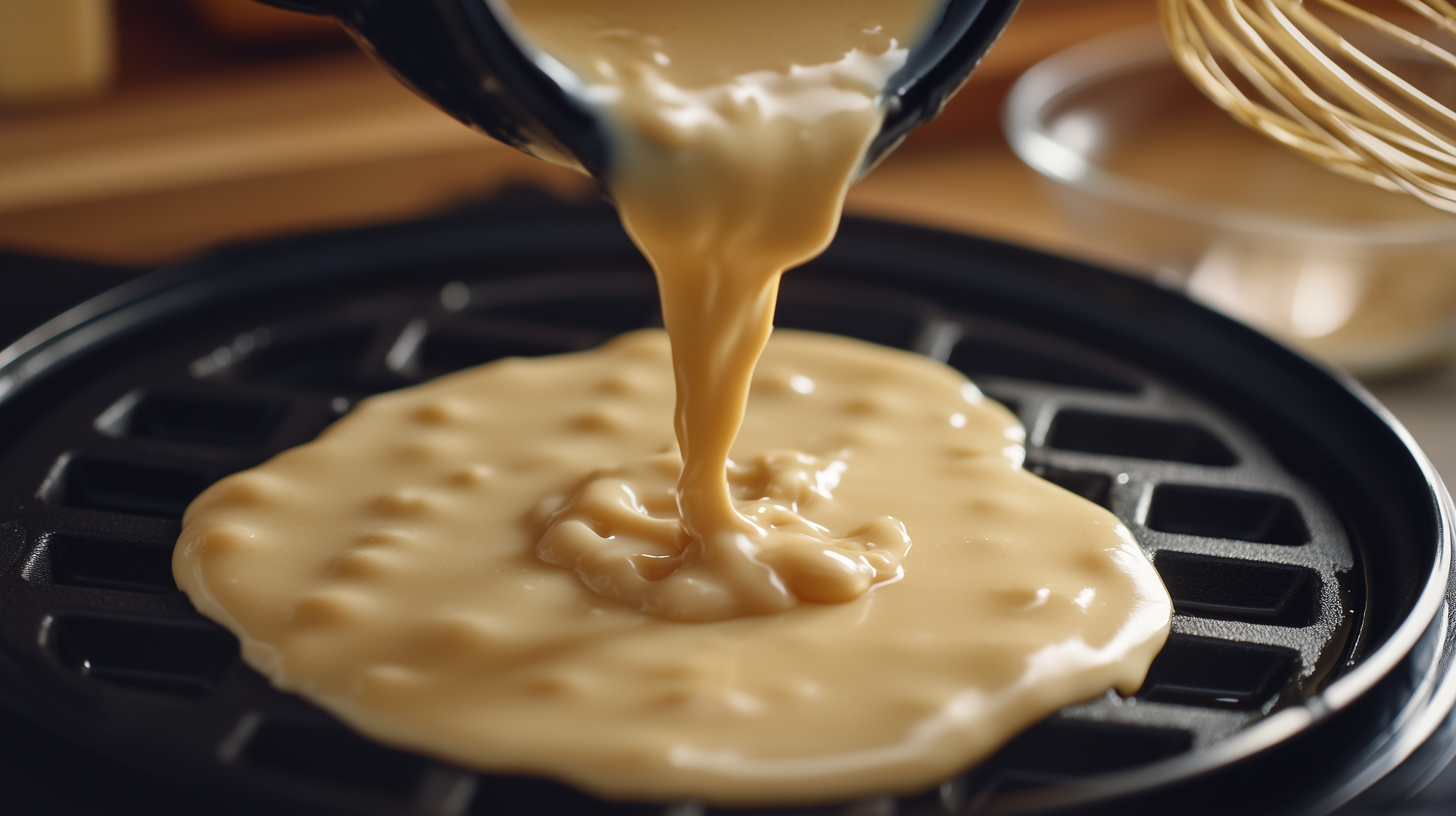 Pâte à gaufre versée sur un gaufrier | Source : Midjourney