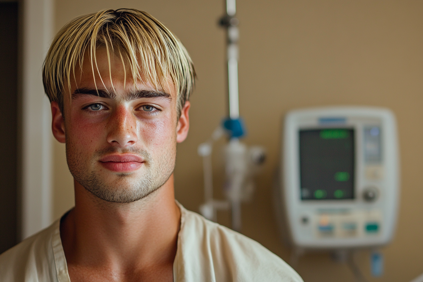 Un homme dans une chambre d'hôpital souriant faiblement | Source : Midjourney