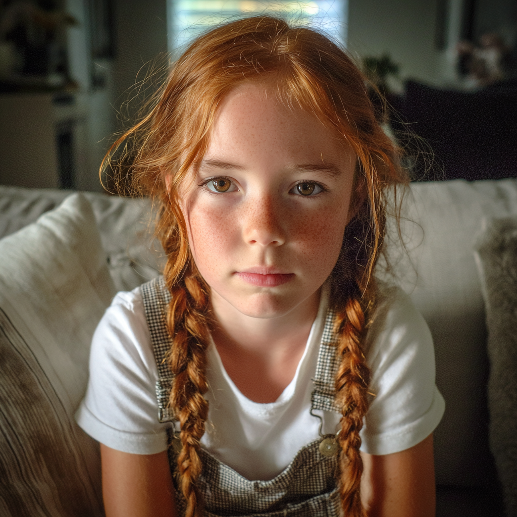 Une petite fille assise sur un canapé | Source : Midjourney