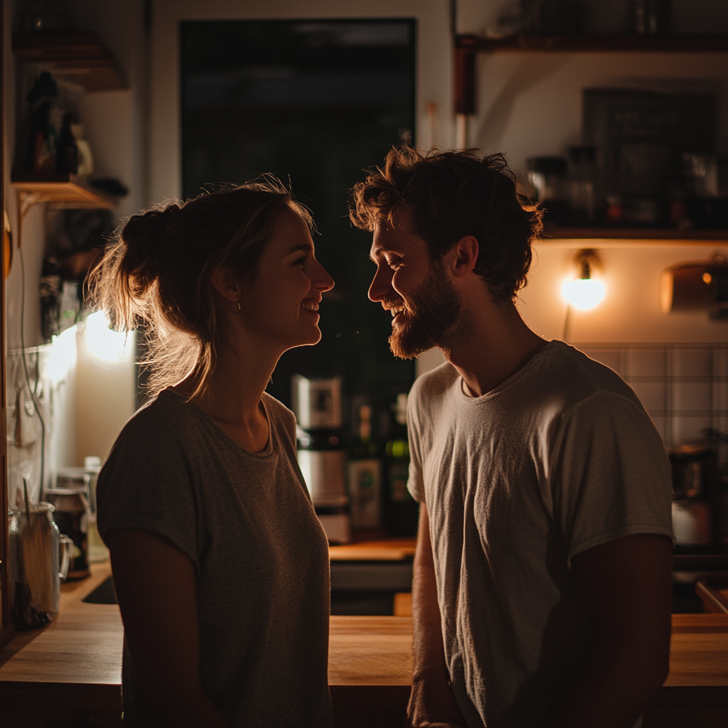 A couple chatting in their kitchen | Source: Midjourney