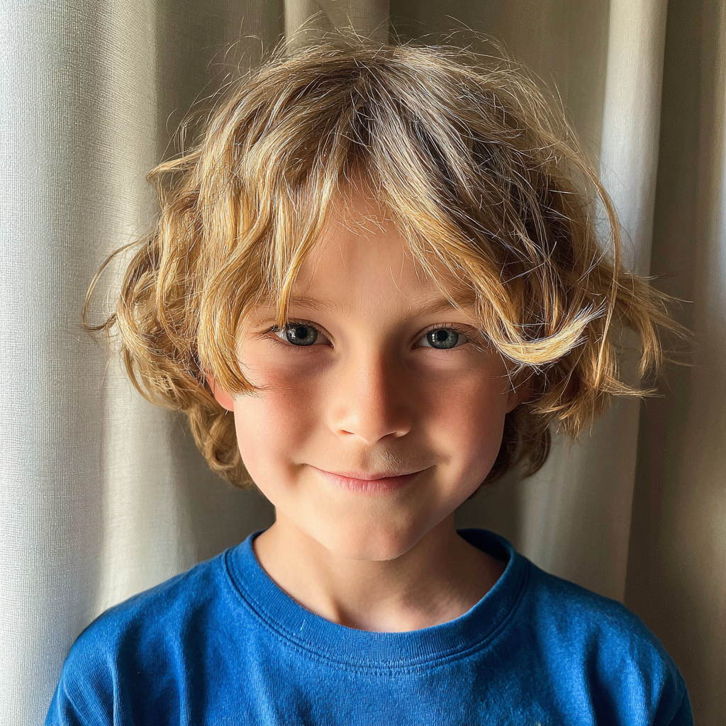 Un petit garçon souriant portant un t-shirt bleu | Source : Midjourney