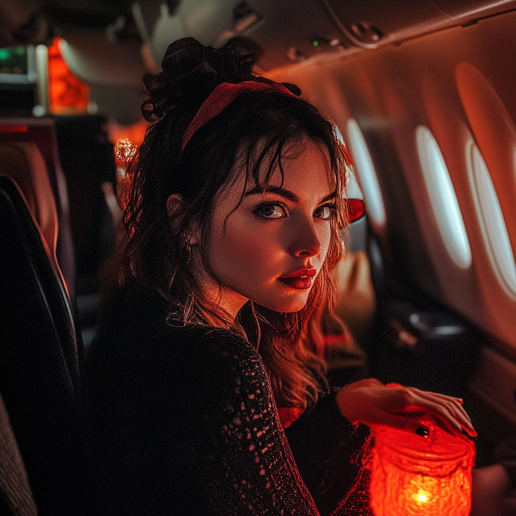 Femme dans un avion pendant Halloween | Source : Midjourney