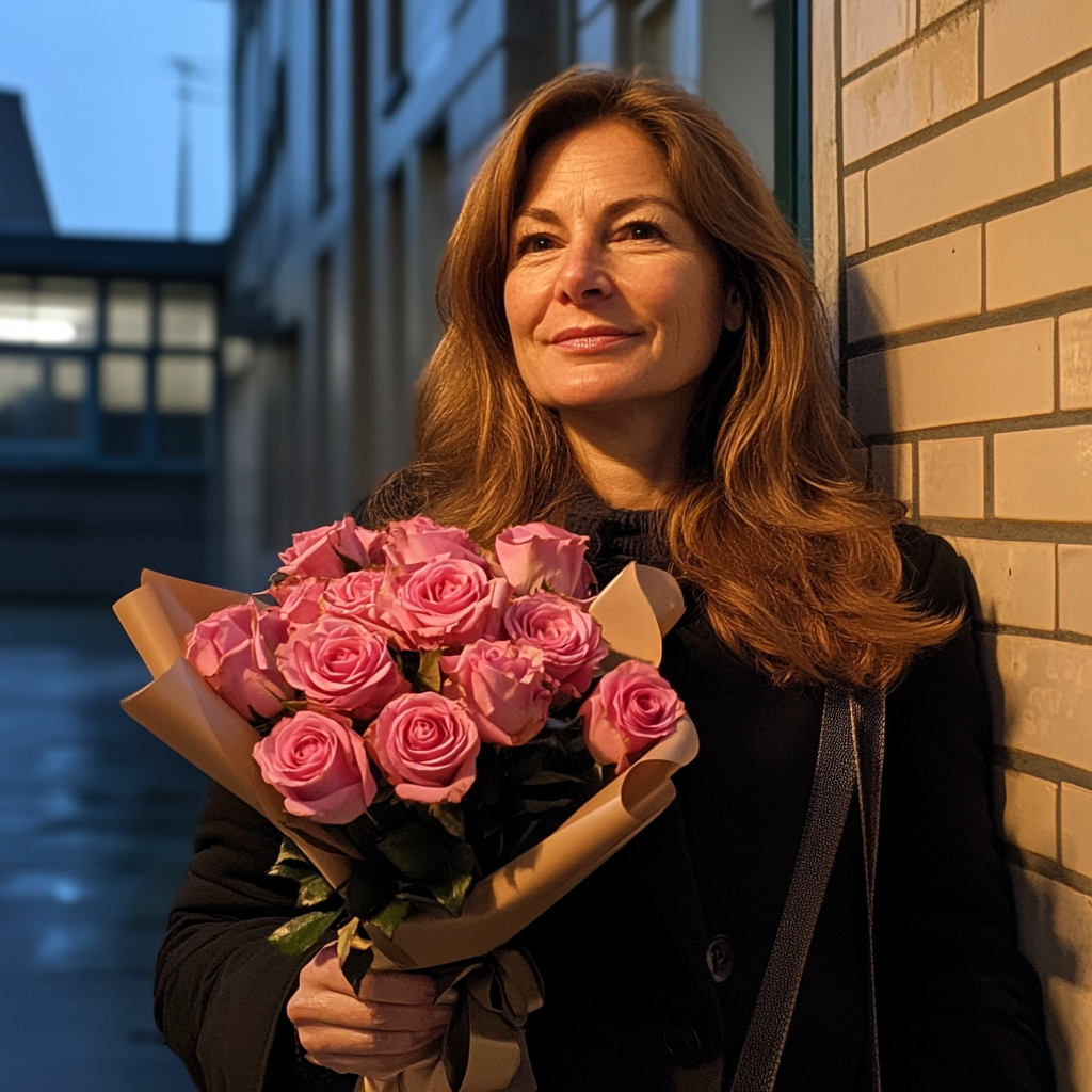 Une femme tenant un bouquet de roses | Source : Midjourney