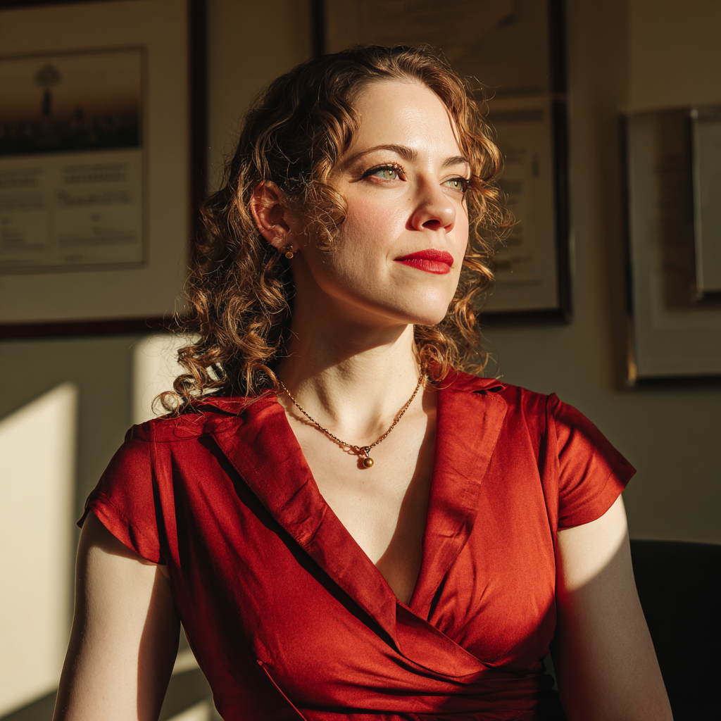 Une femme en robe rouge assise dans le bureau d'un avocat | Source : Midjourney