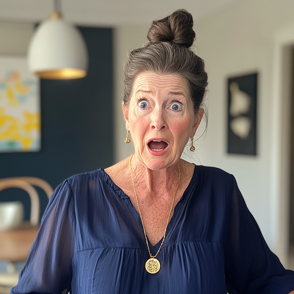 Une femme âgée choquée portant un chemisier bleu marine | Source : Midjourney