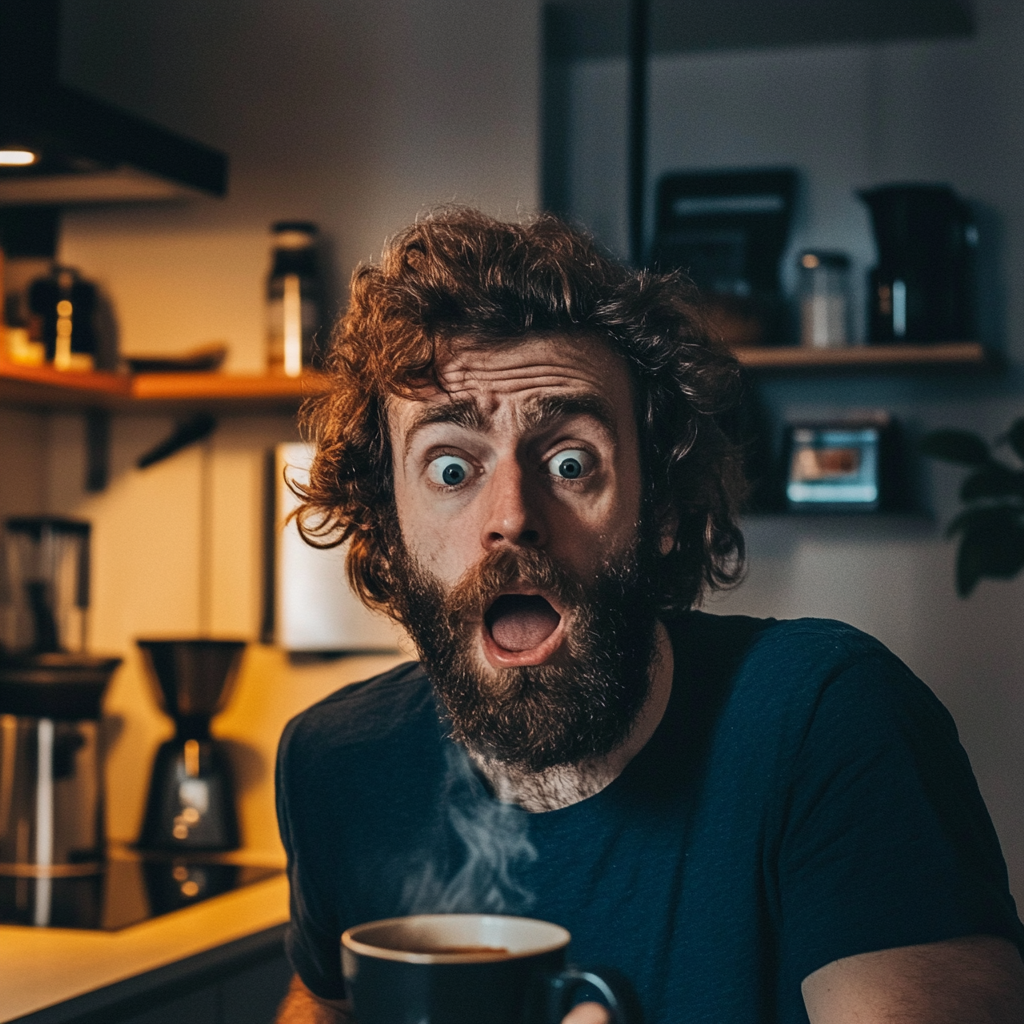 Un homme déconcerté avec son café | Source : Midjourney