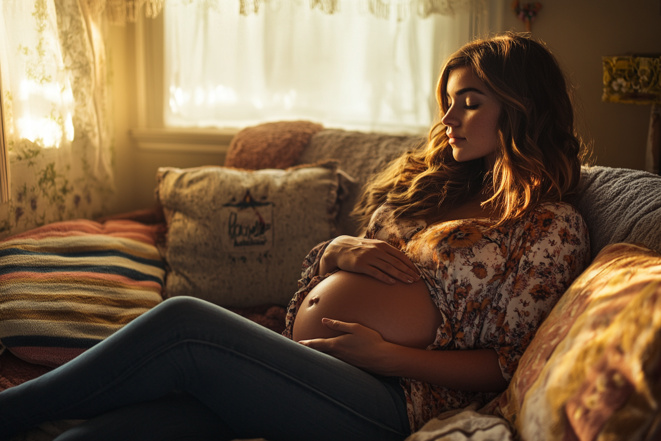 Une femme enceinte assise sur le canapé | Source : Midjourney