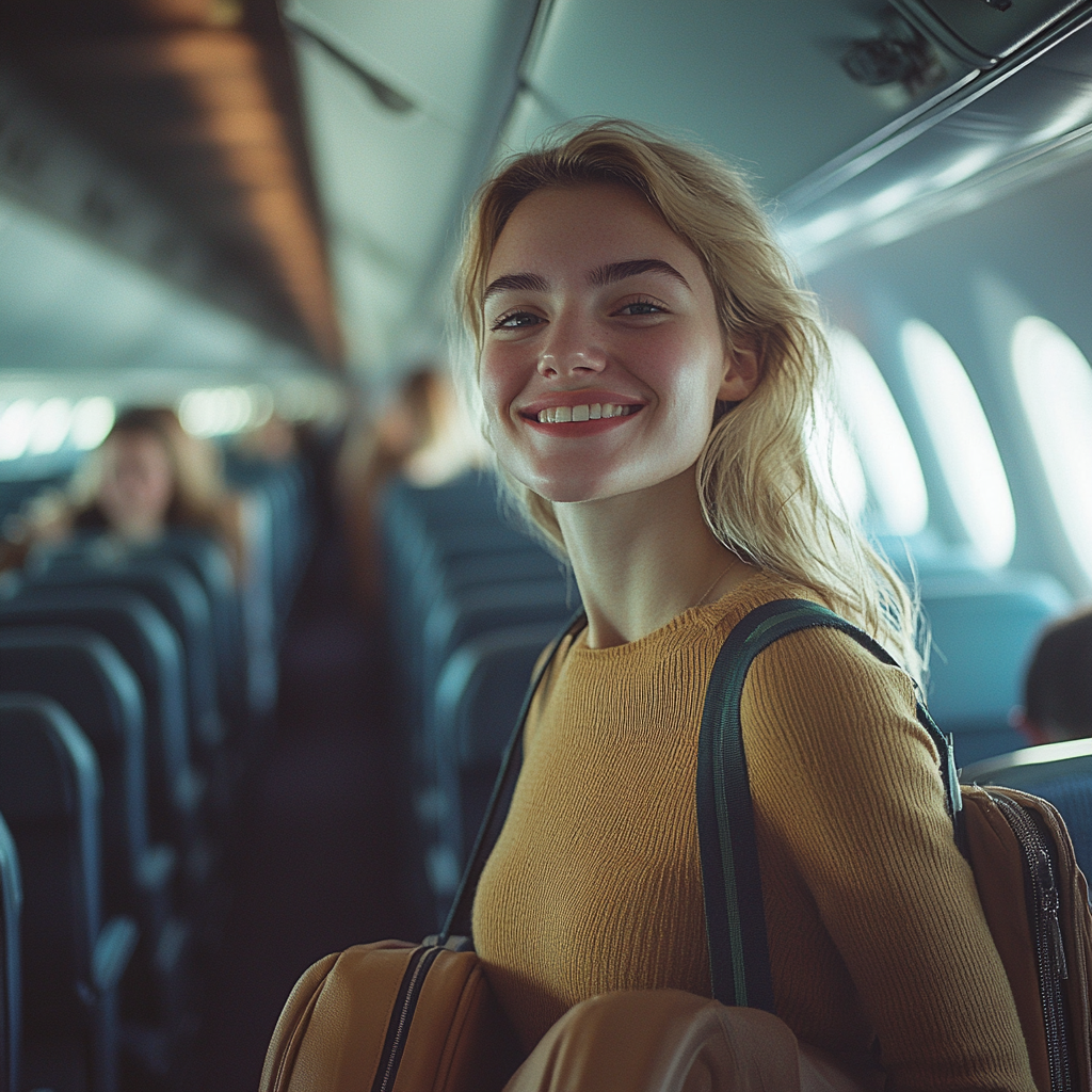 Une femme transportant ses bagages dans un avion | Source : Midjourney